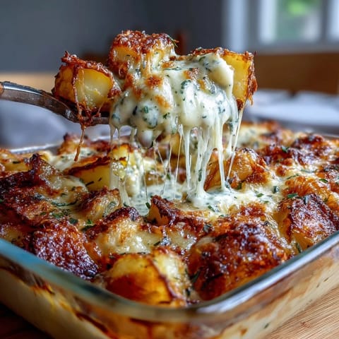 Easy Cheesy Scalloped Potatoes with golden bubbly cheese topping and tender potato layers.