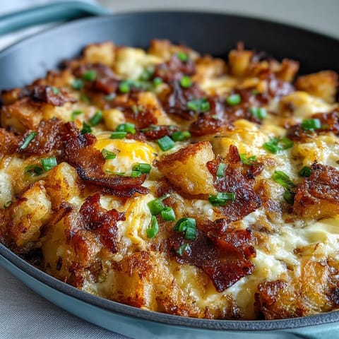 A hearty Amish breakfast casserole with golden hash browns, eggs, and sausage, baked until bubbly and golden.  