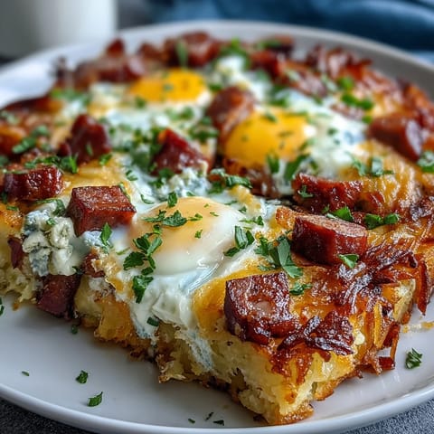 A slice of savory Amish breakfast casserole, packed with crispy hash browns, melted cheese, and savory sausage.  