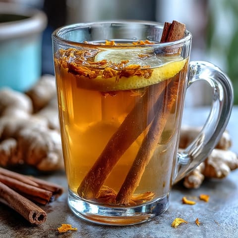 A steaming cup of dandelion root tea with ginger and turmeric, infused with warming spices and a hint of citrus.