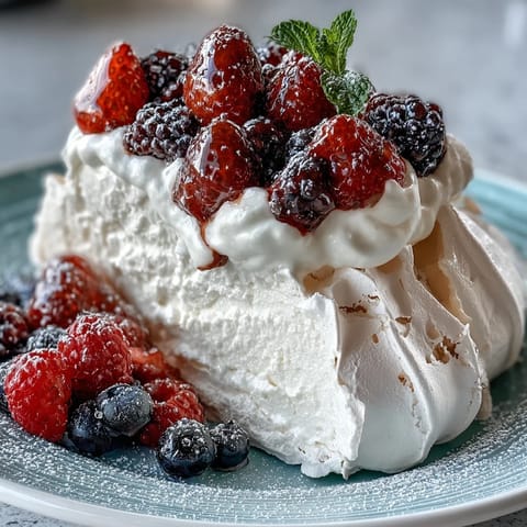 Mothers Day Pavlova with Mixed Berries: crisp meringue shell topped with fluffy whipped cream and a vibrant mix of fresh berries on a white plate.