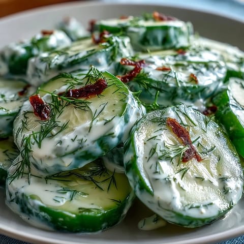 A bowl of creamy cucumber dill salad, perfect for summer picnics and barbecues.