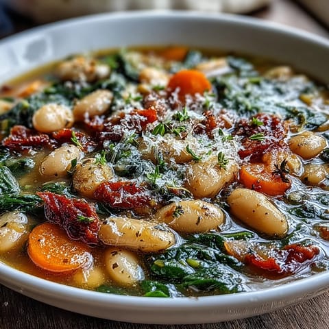 Creamy Tuscan white bean and spinach soup with tender vegetables and Italian herbs, perfect for a comforting vegetarian meal.  