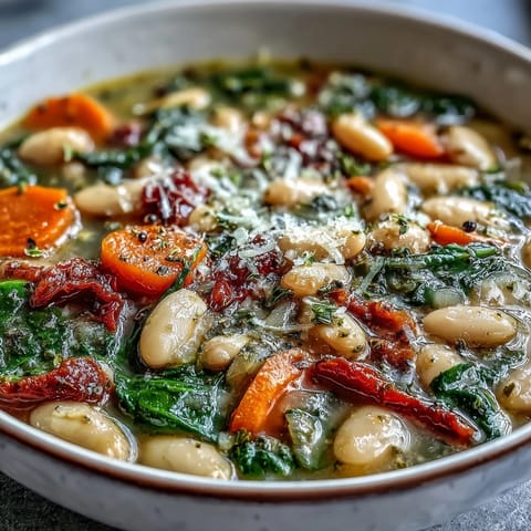 Slow-cooked Tuscan white bean and spinach soup with aromatic herbs, hearty beans, and fresh spinach for a healthy dinner.  