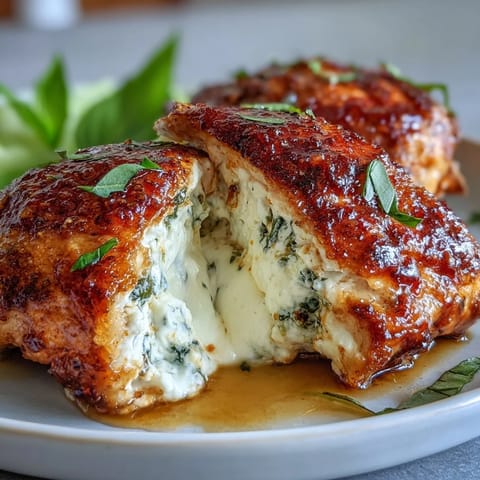 Hot Honey Ricotta Stuffed Chicken breasts resting after baking, glistening with sweet-spicy glaze and fresh herbs.