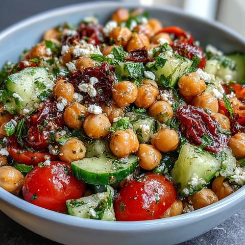 Cold chickpea salad with lemon herbs, cherry tomatoes, and cucumbers in a zesty dressing.  