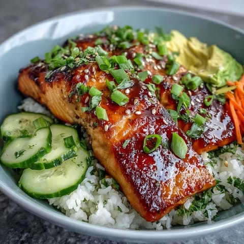 Delicious teriyaki salmon bowl with glazed fillets, fresh vegetables, and jasmine rice in a vibrant Asian-inspired meal.