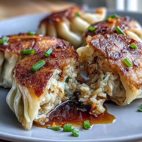 Golden crispy cabbage dumplings with savory filling, pan-fried to perfection and served with ginger soy dipping sauce.  