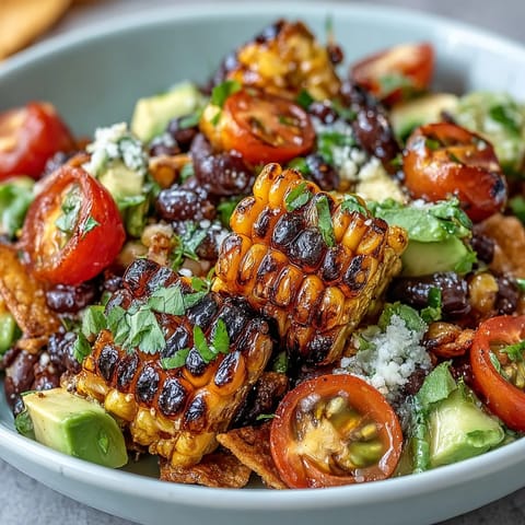 Grilled Corn and Black Bean Taco Salad with charred corn, black beans, and crisp veggies tossed in zesty lime dressing.