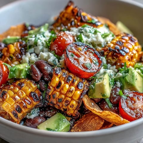 Colorful taco salad featuring grilled corn, creamy avocado, and crunchy tortilla chips topped with fresh cilantro and cheese.