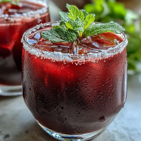 Vibrant non-alcoholic Sparkling Hibiscus Mint Lemonade Mocktail garnished with mint sprigs and lemon wheels in chilled glasses.