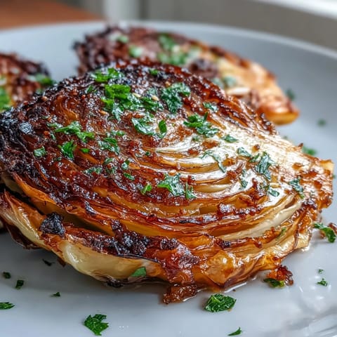 Golden roasted cabbage steaks seasoned with garlic and smoked paprika, served with fresh lemon zest and parsley. A vibrant vegan side dish or light main.