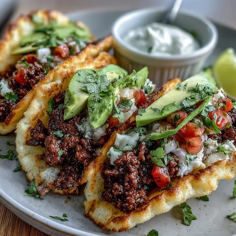 Fluffy cloud bread tacos filled with savory ground beef taco meat and fresh zesty pico de gallo for a gluten-free twist.  