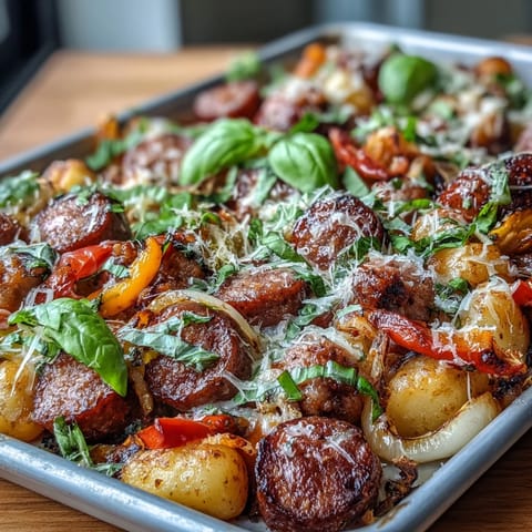 A colorful one-pan meal featuring crisped gnocchi, savory sausage, and tender bell peppers, topped with Parmesan for a comforting Italian-American dinner.  
