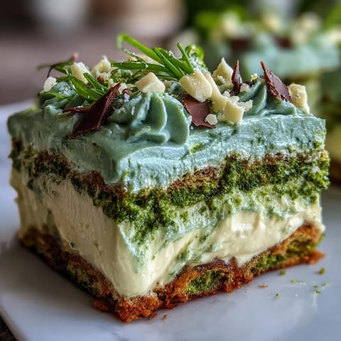 Vibrant matcha tiramisu with layers of matcha-soaked ladyfingers and creamy mascarpone filling, dusted with green tea powder for a Japanese twist.