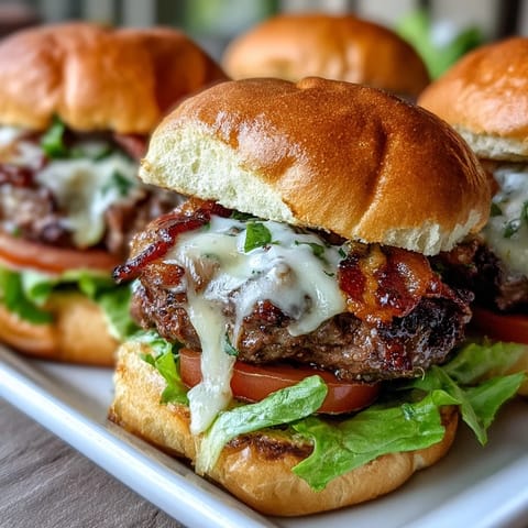 Juicy sliders piled high with crispy bacon, perfect for a backyard BBQ.