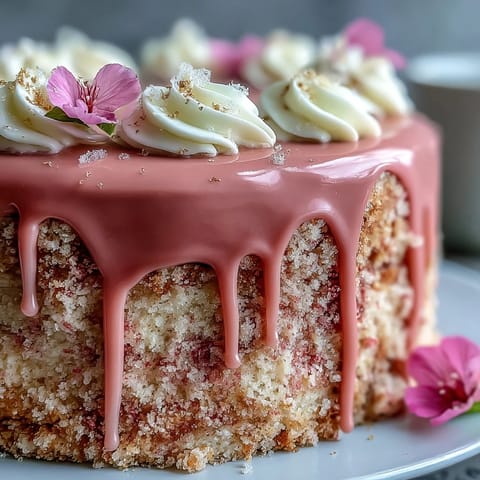 Beautifully draped gold drip adorns this delicate Bridal Shower Rosé Velvet Cake.