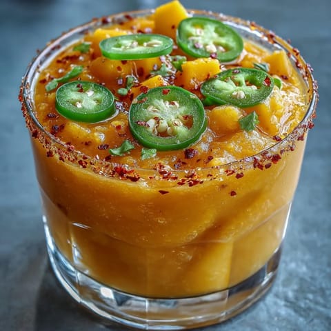 Spicy mango margarita frozen in a glass, ready for a refreshing sip.