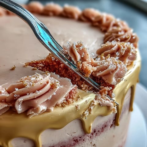 Bridal Shower Rosé Velvet Cake with elegant gold drip, a blush beauty.