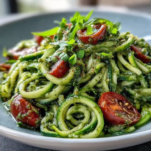 Zucchini Noodles with Avocado Pesto: vibrant green noodles coated in creamy, herby goodness.
