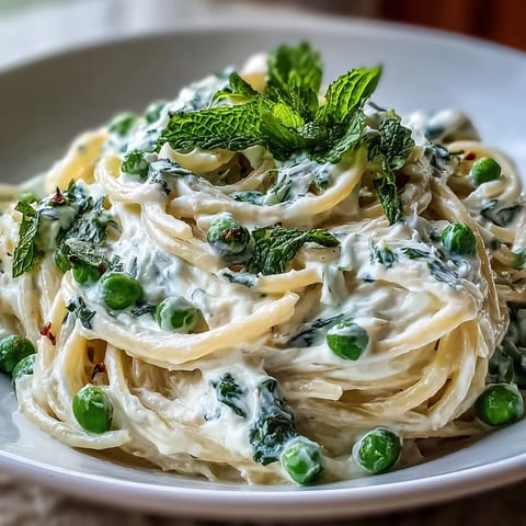 Creamy Lemon Ricotta Pasta with Peas and Mint, a bright, easy Italian dish.