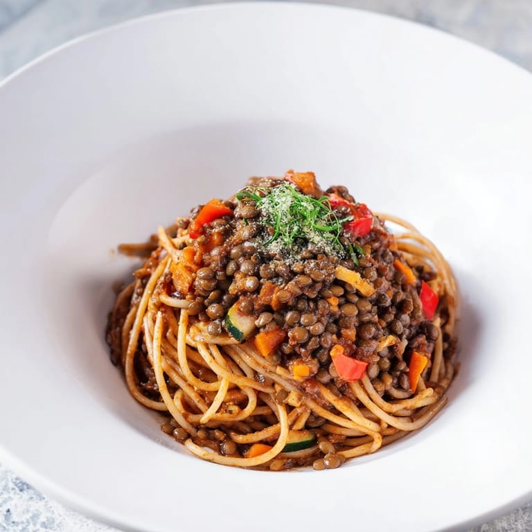Serving suggestion: a steaming plate of 25-minute Lentil Bolognese topped with fresh basil.