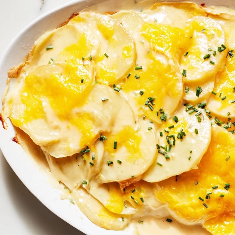 Visual feast: A dish of Cheesy Scalloped Potatoes, bubbly and browned, with a creamy, cheesy, delicious sauce.