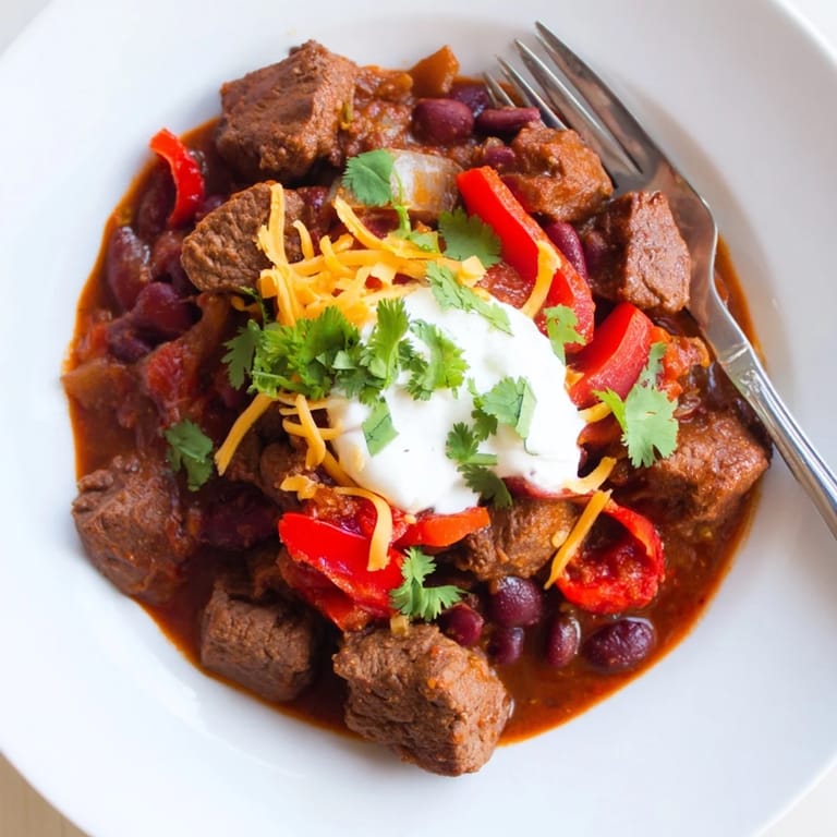 A steaming bowl of Slow Cooker Beef & Shallot Chili topped with fresh cilantro, perfect for dinner.