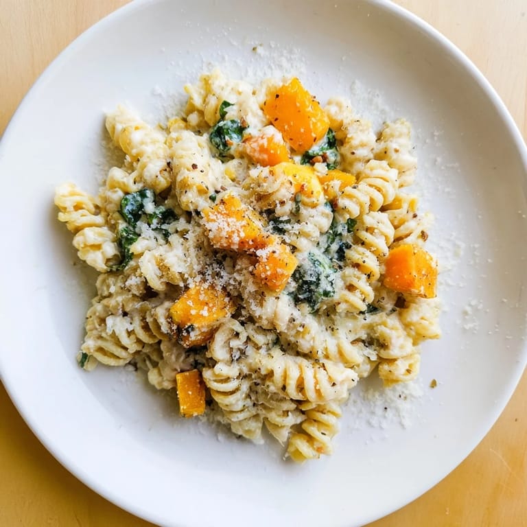 A one-pot butternut squash pasta bake with tender vegetables, ready for a comforting family meal.