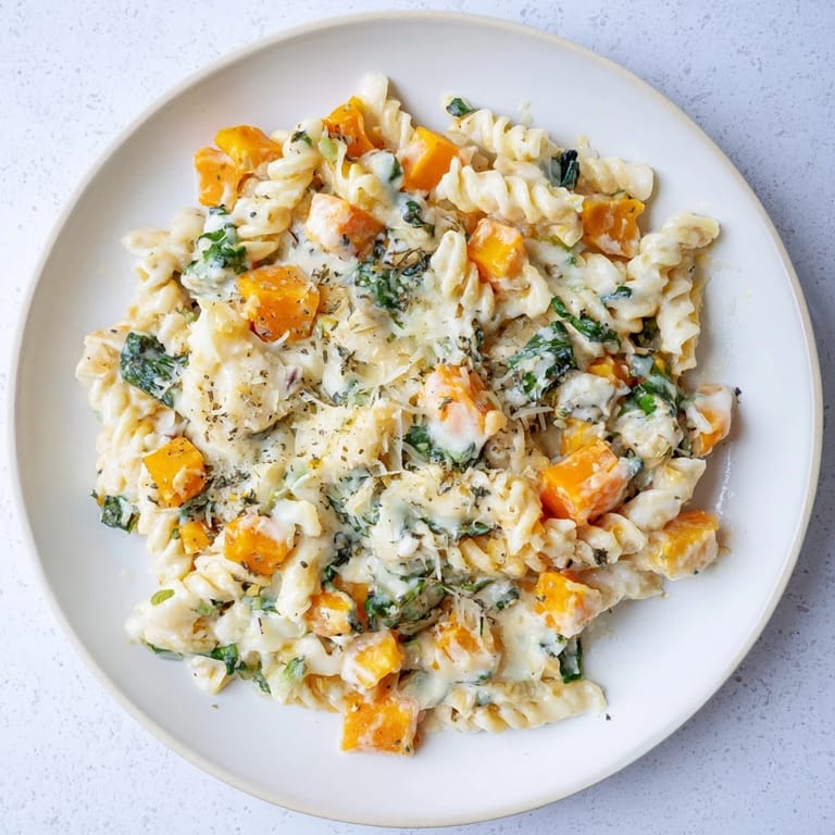 Imagine the rich flavors: a warm dish of butternut squash pasta bake, seasoned beautifully and delicious.