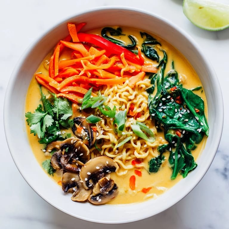 Delicious bowl of creamy coconut curry ramen with visible noodles, vegetables, and rich coconut broth.