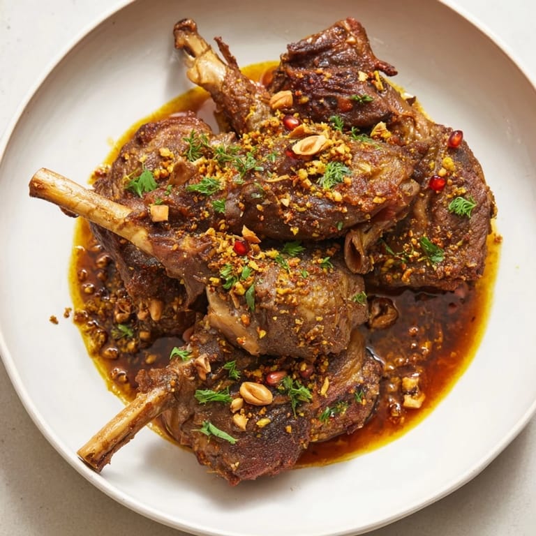 Garnished Fesenjan with bright pomegranate seeds, inviting you to enjoy the savory stew.