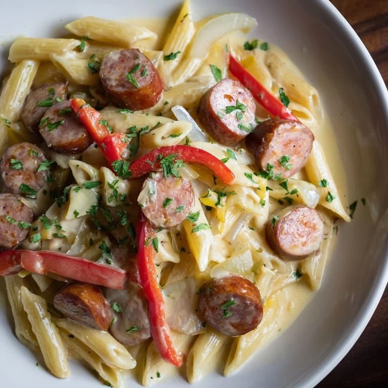 A vibrant photo: Steaming Smoked Sausage Cajun Alfredo with penne, perfectly plated and ready to eat.