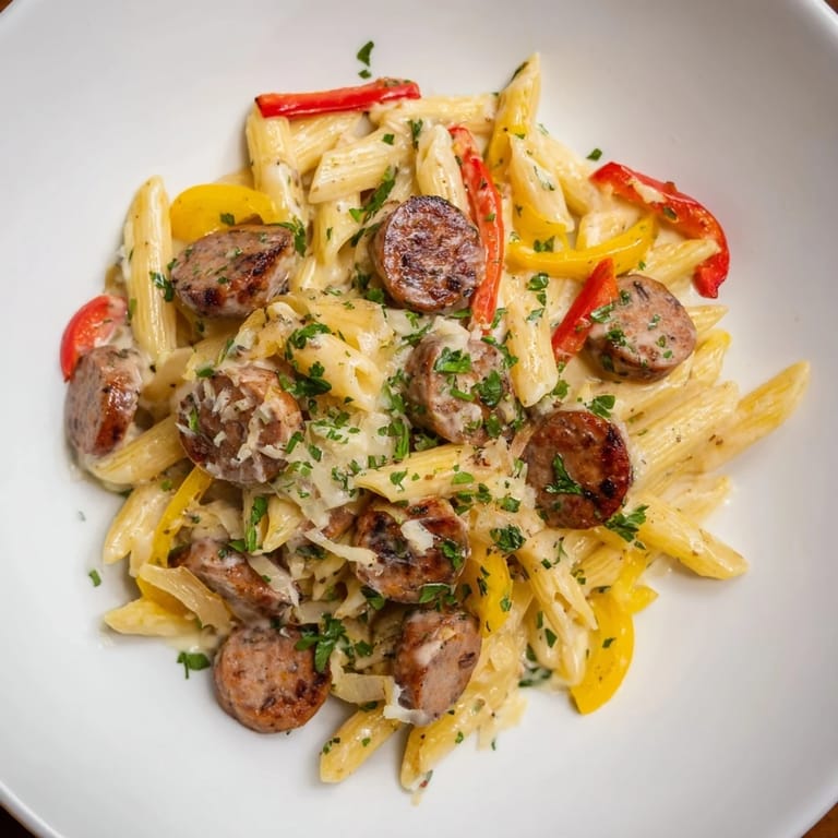 Imagine the aroma! This rich Smoked Sausage Cajun Alfredo with penne showcases delicious creamy sauce and sausage.