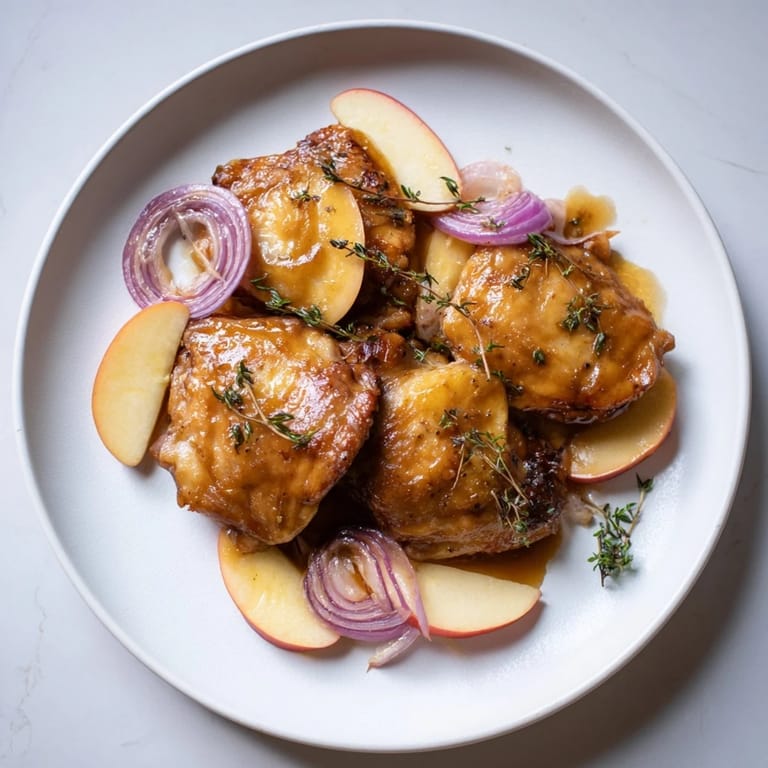 Aromatic Cider Glazed Chicken Thighs with glistening skin baked with apples, ideal for a comforting meal.