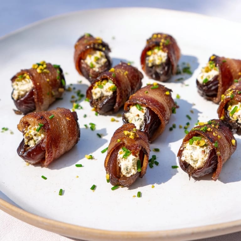 Savory and sweet, these delicious goat cheese stuffed bacon wrapped dates look so appetizing with a honey drizzle.