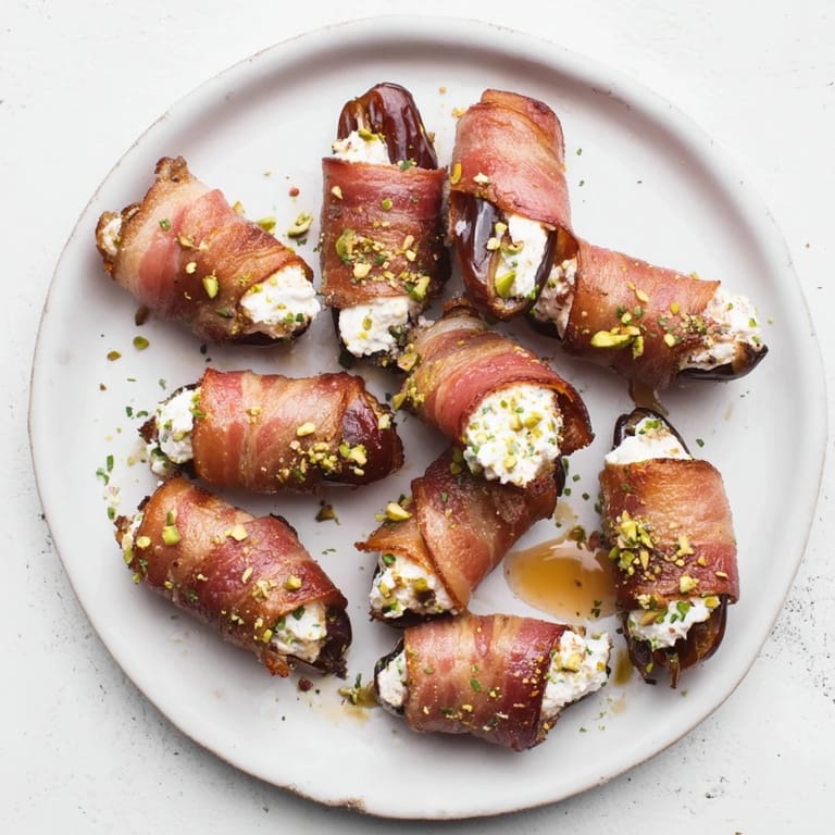 Golden-brown goat cheese stuffed bacon wrapped dates, perfect for a Mediterranean-inspired party appetizer.