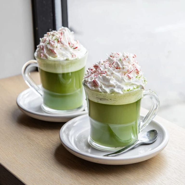Festive Cozy Peppermint Matcha Christmas Latte, a beautifully layered drink with peppermint and matcha flavors.