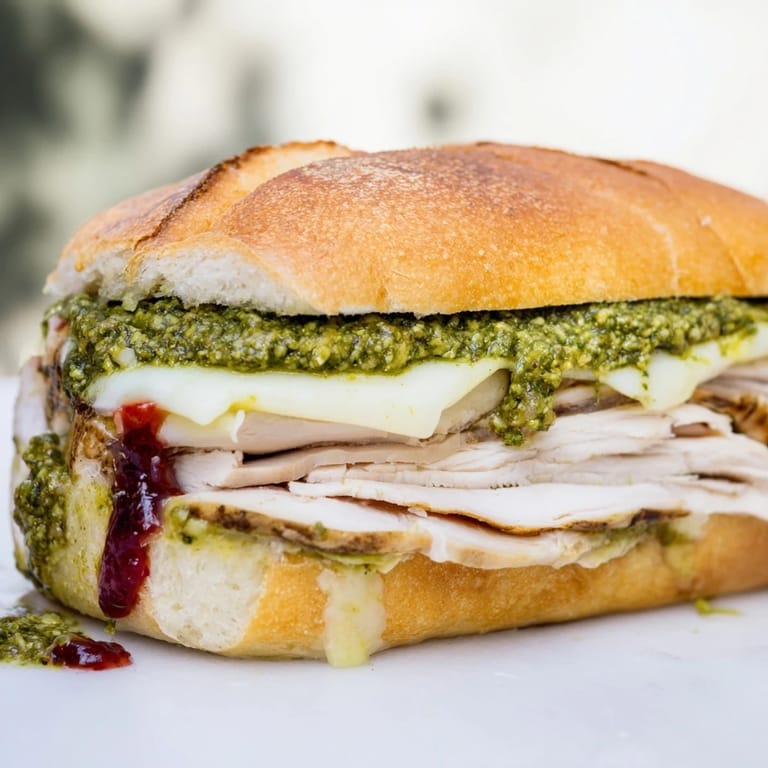 Savory Pesto Cranberry Turkey Grilled Cheese Melt, served warm with perfectly melted cheese and crusty bread.