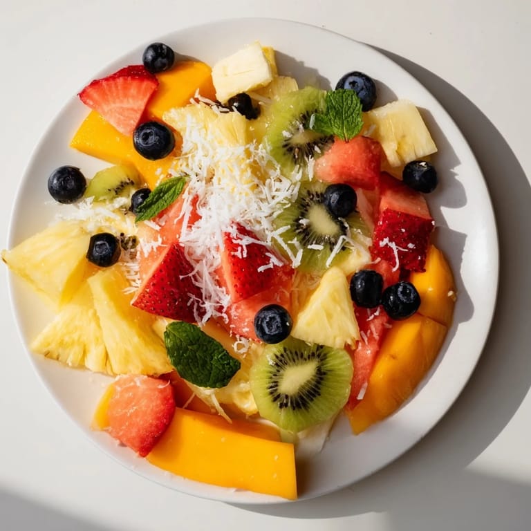 Colorful Tropical Pineapple Platter, arranged with mango, kiwi, and berries, offering a refreshing, healthy treat.