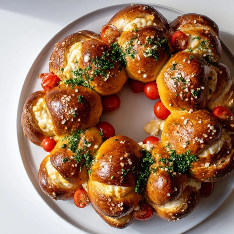 Warm, creamy cheese fills each soft pretzel bite in this savory Pretzel Joy Wreath appetizer, ready to serve.