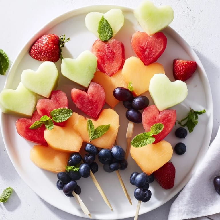 These vibrant Berry Good Heart Fruit Skewers showcase ripe watermelon, strawberries, and grapes, perfect for a party.