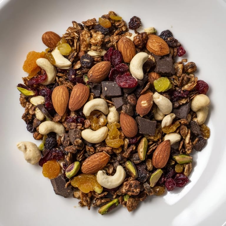 Homemade Mountain High Adventure Snack Mix combining nuts, fruit, and chocolate, perfect for grabbing a snack.