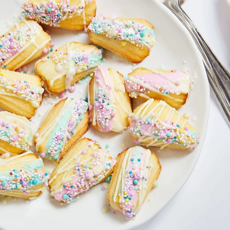 These colorful mignardises, mermaid tail inspired, showcase dipped madeleines decorated with edible glitter.