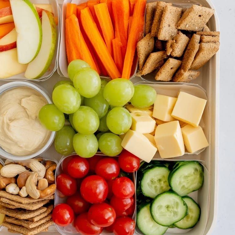 Enjoy a visually appealing Road Trip Snack Platter with crisp veggies, savory cheese, and sweet dark chocolate squares.