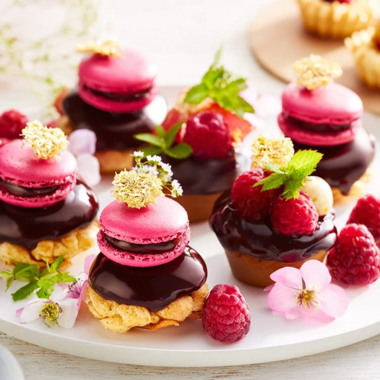 A close-up of a colorful Montgolfière Dessert Platter, showcasing mini lemon tarts and macarons beautifully.