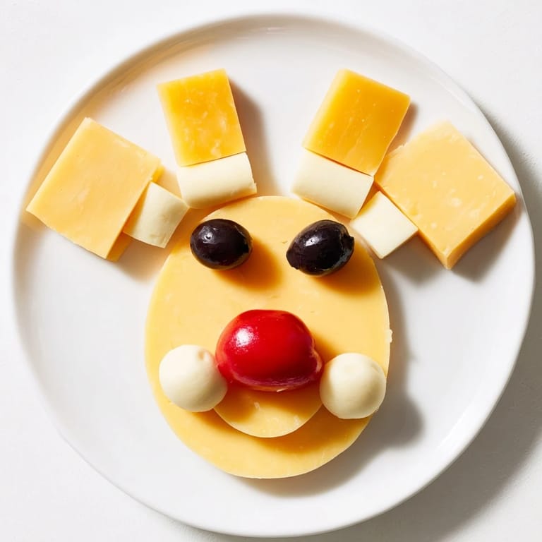 A vibrant close-up of the fun and cheesy reindeer face platter, with red pepper nose and olive eyes.