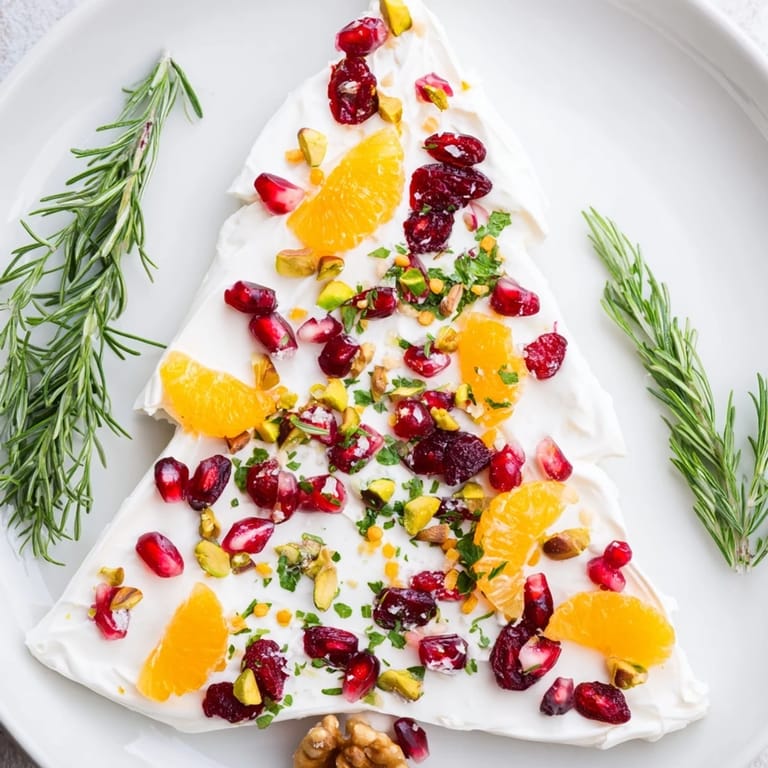 This Rosemary Cranberry Christmas Tree appetizer shows creamy cheeses decorated with jewel-toned cranberries, pistachios, and flavorful rosemary sprigs.