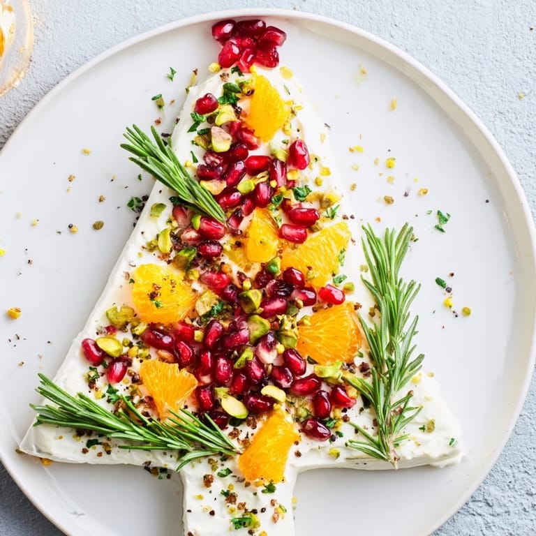 Enjoy a Rosemary Cranberry Christmas Tree, a simple yet elegant cheese appetizer, alongside crackers and crudités, ready to be devoured.