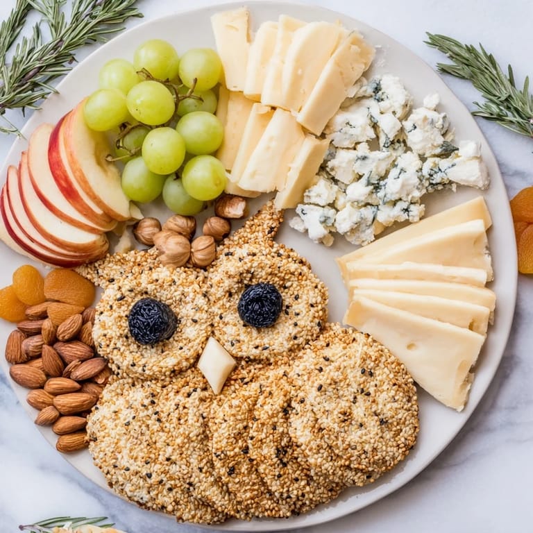 Visually stunning Owl Cracker and Cheese Board with assorted cheeses, fruits, and nuts for a party.